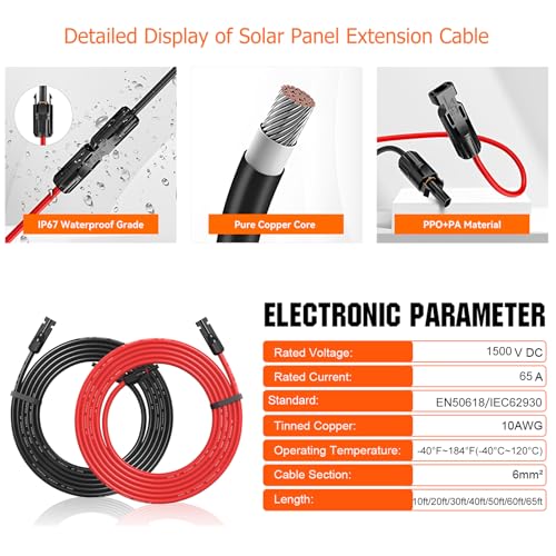 Temank 10AWG Cable de extensión solar de 65 pies, cable solar de calibre 10 cables de 65 pies, ambos extremos con conector solar para kits de techo, marina, RV y sistema solar de barco (rojo y negro)