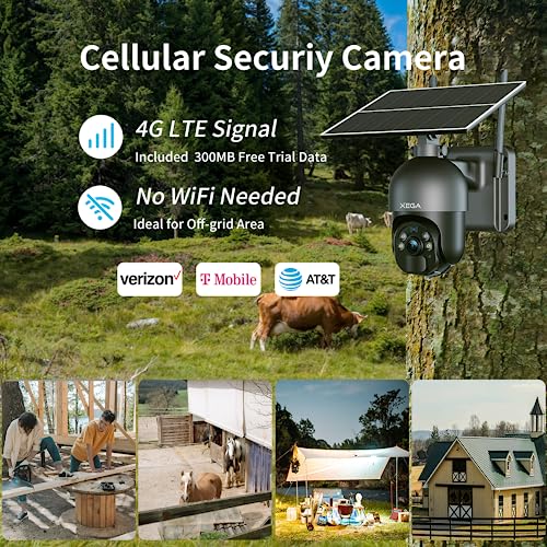 Xega Cámara de seguridad celular 3G 4G LTE Cámara solar al aire libre Inalámbrica 2K HD Color Visión nocturna PTZ 360° Vista inteligente PIR Detección de movimiento No WiFi Tarjeta SIM incluida IP66 Verizon AT&T T-Mobile Soporta