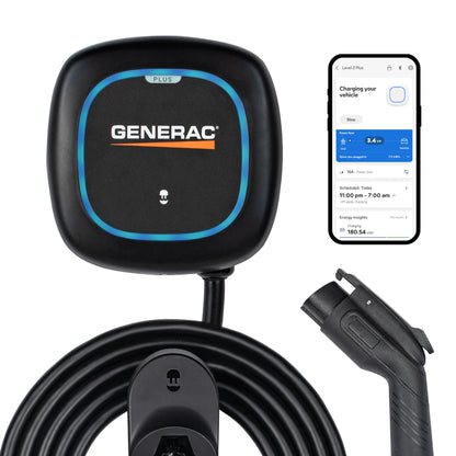 Generac Cargador de vehículo eléctrico (EV) Nivel 2 Plus, 48 AMP, carga rápida, ultra compacto con cable de 25 pies, gestión de aplicaciones WiFi y Bluetooth, compatible con Alexa y Google Home, PUP2-U-1-6-C-GC2