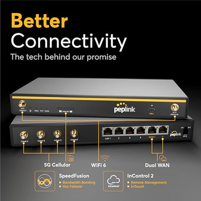 Peplink B One 5G - Router WiFi celular Gigabit Dual WAN para Internet inalámbrico - Rendimiento de 1 Gbps, Wi-Fi 6, doble banda, 4 puertos LAN, soporta 150 usuarios, configuración de la aplicación