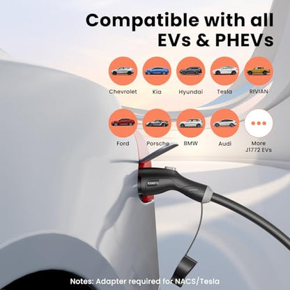 Cargador EV de nivel 2 de carga rápida, 110 V-240 V, 40 A, cable de 25 pies de largo portátil con enchufe NEMA 14-50 cargador EV nivel 2 para SAE J1772 EVs, control de aplicaciones, fácil de usar,