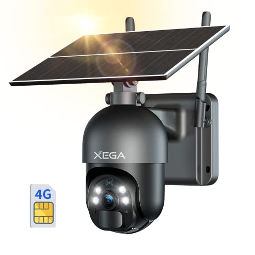 Xega Cámara de seguridad celular 3G 4G LTE Cámara solar al aire libre Inalámbrica 2K HD Color Visión nocturna PTZ 360° Vista inteligente PIR Detección de movimiento No WiFi Tarjeta SIM incluida IP66 Verizon AT&T T-Mobile Soporta