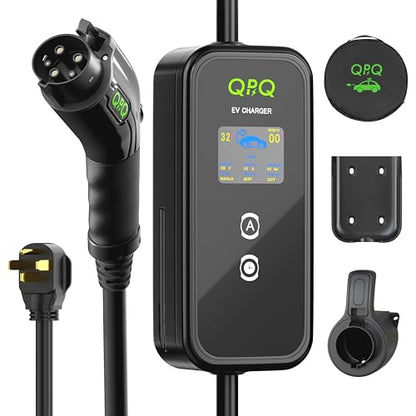 QPQ Cargador EV de nivel 1-2 de 32 amperios portátil de nivel 1 y 2 EV para cargador de coche eléctrico de nivel 2 con estaciones de carga de vehículos eléctricos de enchufe NEMA 14-50 de 25 pies