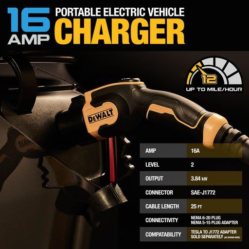 DEWALT Cargador portátil de nivel 2 para vehículos eléctricos de hasta 16 amperios 120-240 V, certificado CSA para interiores y exteriores, EV NEMA 6-20 con adaptador 5-15 incluido DXPAEV016