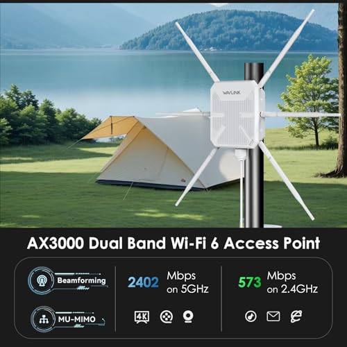 Extensor WiFi 6 para exteriores AX3000 2025, repetidor WiFi de largo alcance/punto de acceso con doble banda/PoE/IP67 impermeable/6 x 7dBi antenas, soporta hasta 256 dispositivos para garaje, patio,