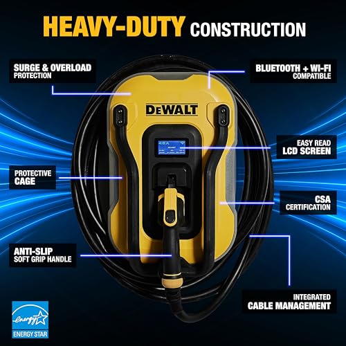 DEWALT Cargador EV de nivel 2 para vehículo eléctrico de hasta 48 amperios y 240 V, control de aplicación Bluetooth y Wi-Fi, estación de carga cableada para interiores y exteriores - DXPAEV048