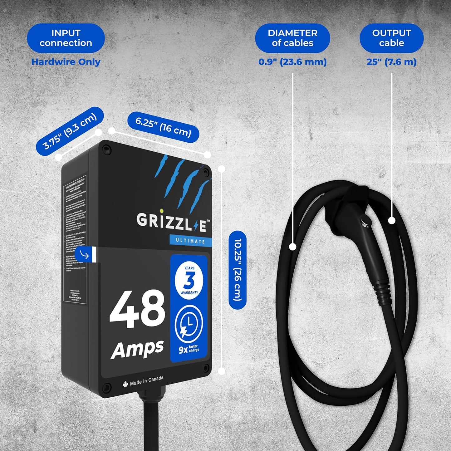 Grizzl-E 48A Ultimate Level 2 Cargador de vehículo eléctrico (EV) de 48 A, probado por UL y certificado, carcasa de metal, estación de carga rápida para automóvil eléctrico para interiores y