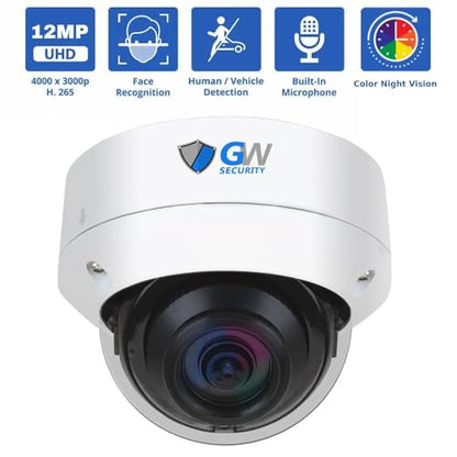 GW Security - Sistema de cámara de seguridad PoE de 16 canales de 12MP 4K @30FPS de reconocimiento facial con 8 cámaras domo AI de 12MP (4000x3000P) IP de visión nocturna a color, micrófono