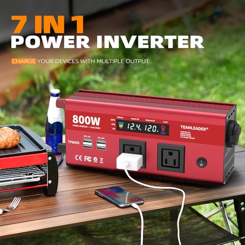 Inversor de corriente de 800 W, 12 V CC a 110 V CA para automóvil, vehículos, RV, camión, exterior, convertidor con tomas de corriente de CA duales, cuatro puertos USB y cables gruesos,