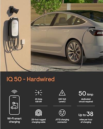 Enphase Smart Level 2 Cargador EV con Wi-Fi, certificado de seguridad, 40 amperios, 240 V, cableado, interior/exterior, cable robusto de 25 pies y conector J1772, estación de carga de coche eléctrico IQ 50 Home