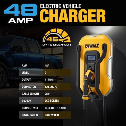 DEWALT Cargador EV de nivel 2 para vehículo eléctrico de hasta 48 amperios y 240 V, control de aplicación Bluetooth y Wi-Fi, estación de carga cableada para interiores y exteriores - DXPAEV048