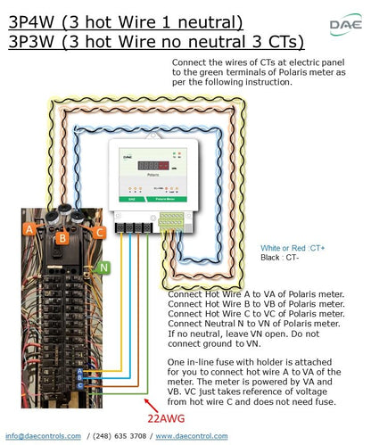 DAE P306-200D-S KIT, 200A, 277/480v, Submetro inteligente multifunción Polaris 3000, 3P4W (3 cables calientes, 1 neutro), 3 CT, RS485, Demanda