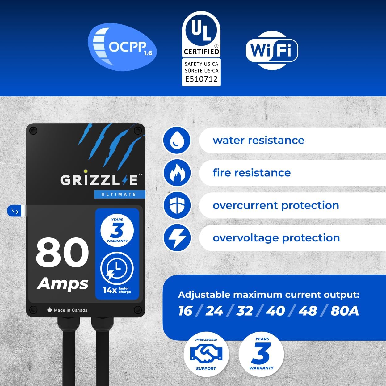 Grizzl-E Ultimate Nivel 2 Cargador de vehículo eléctrico (EV) más rápido de 80Amp / 19,2 kW, probado y certificado por UL, carcasa metálica, cableado GRU-077-W-HW-25DJ80-A-GB