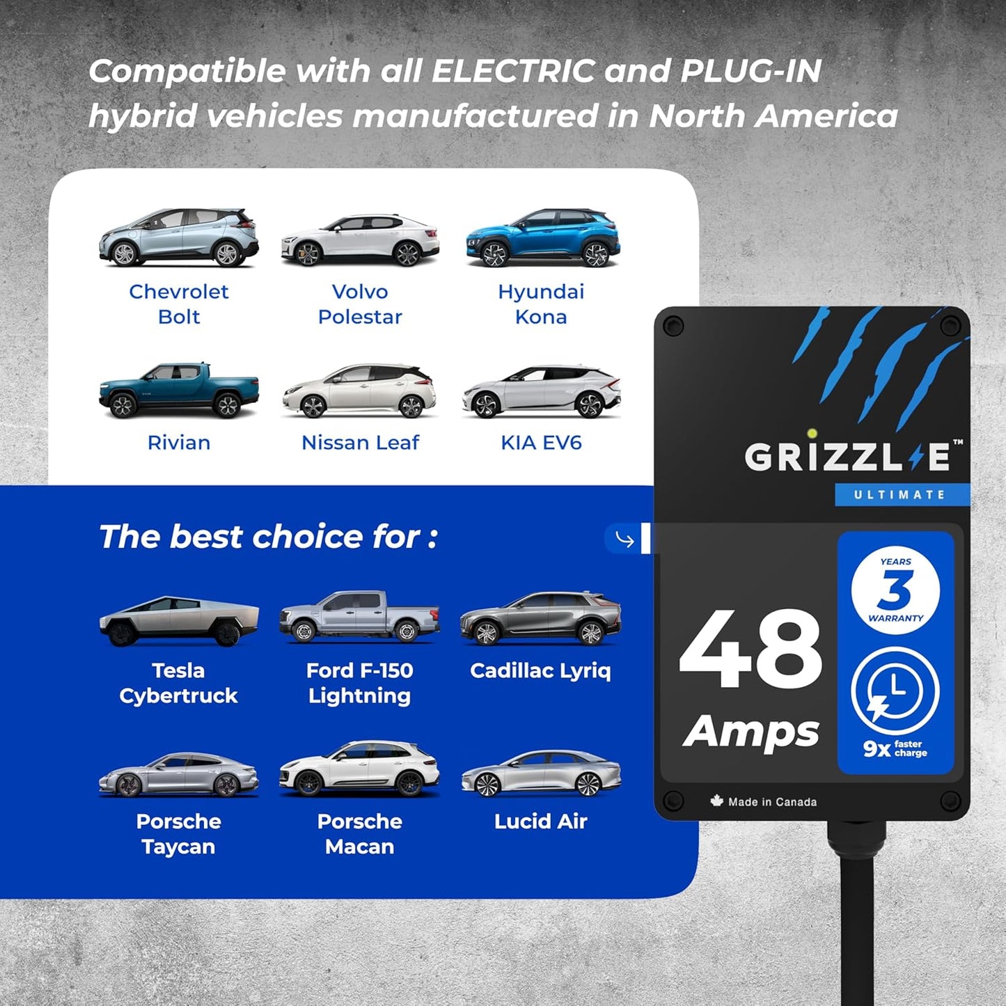 Grizzl-E 48A Ultimate Level 2 Cargador de vehículo eléctrico (EV) de 48 A, probado por UL y certificado, carcasa de metal, estación de carga rápida para automóvil eléctrico para interiores y