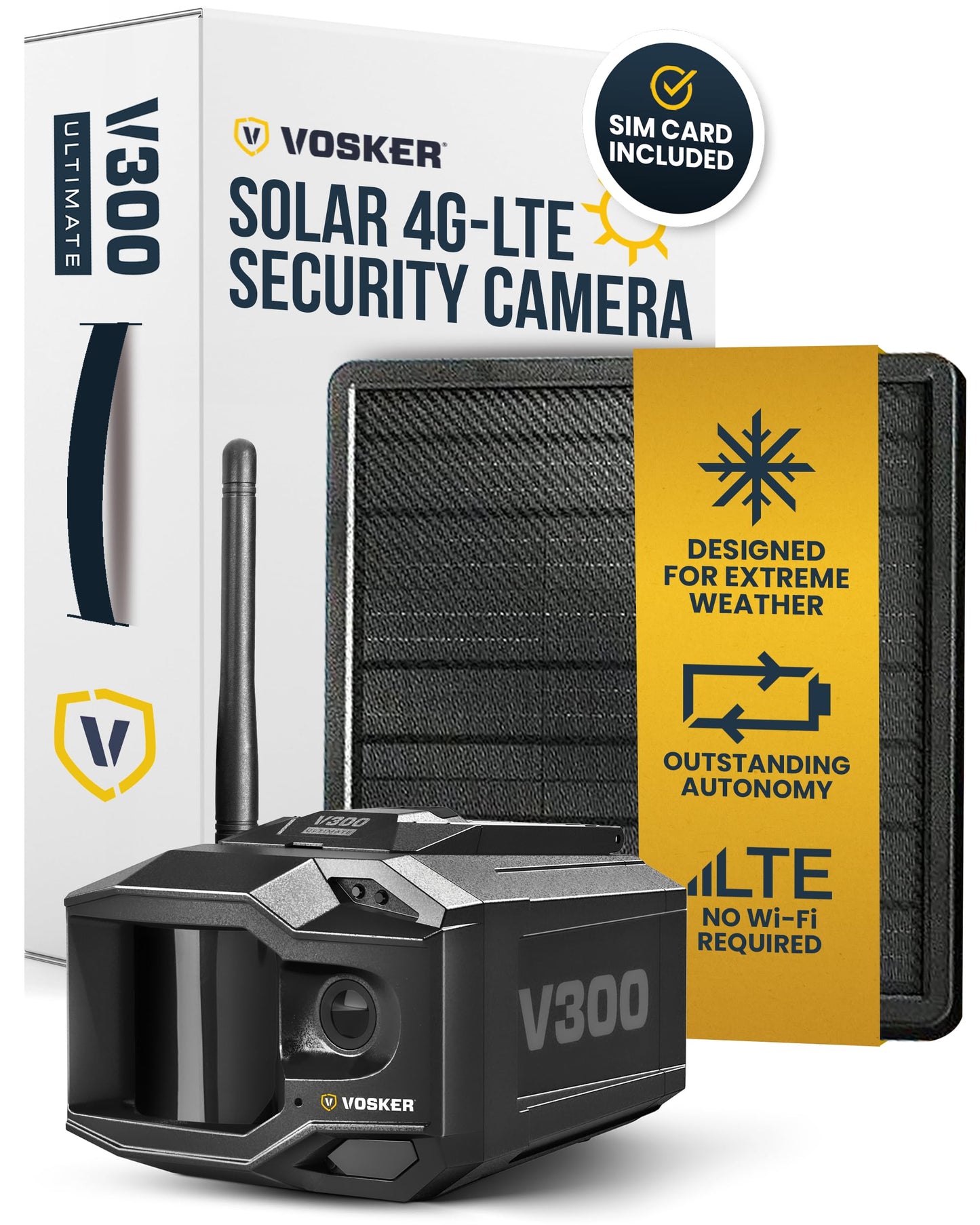 Vosker V300 Ultimate 4G-LTE - Cámara de seguridad autónoma para exteriores | Banco de energía solar externa de alta capacidad de 15,000 mAh | Tarjeta SIM incluida | No necesita Wi-Fi | Transmisión en