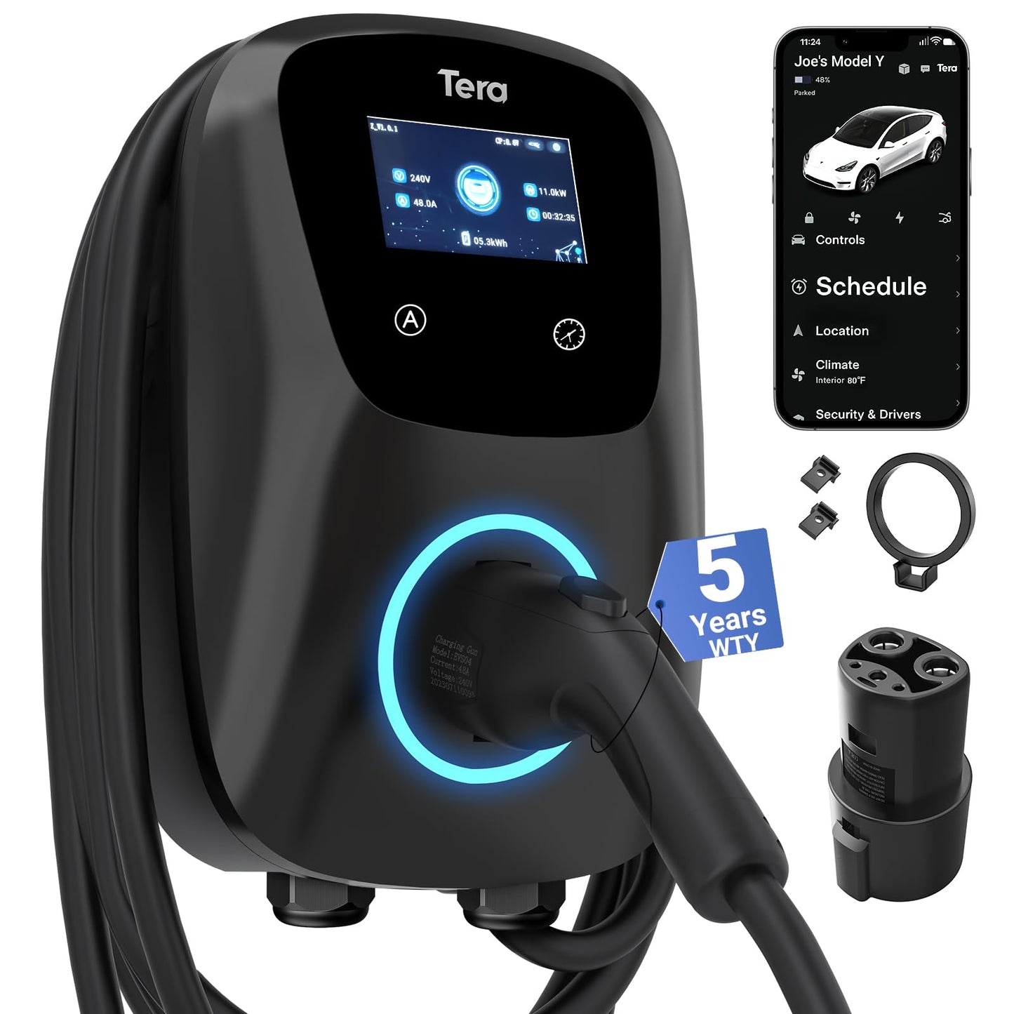 Tera Electric Vehicle Charger Hardwired: for Tesla J1772 EVs ETL Level 2 48 40 Amp 240V Home Charging Station with Manual Setting Amps Schedule on Unit NEMA 14-50 25 FT Cable W01. EV-W01-H-BK