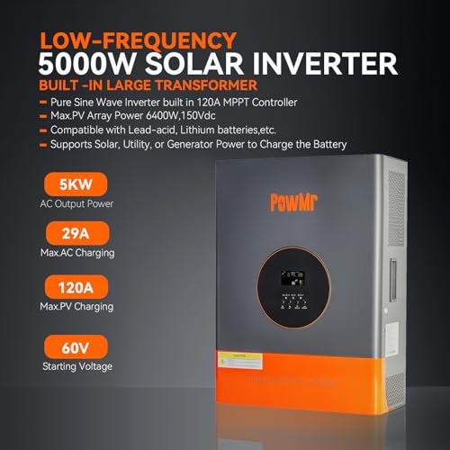 Inversores Solares de Baja Frecuencia de 5000W de 48V a 110V con Controlador MPPT Incorporado 120A, Pico 15000w, Soporte de Carga de Servicios Públicos/Generadores/Energía Solar