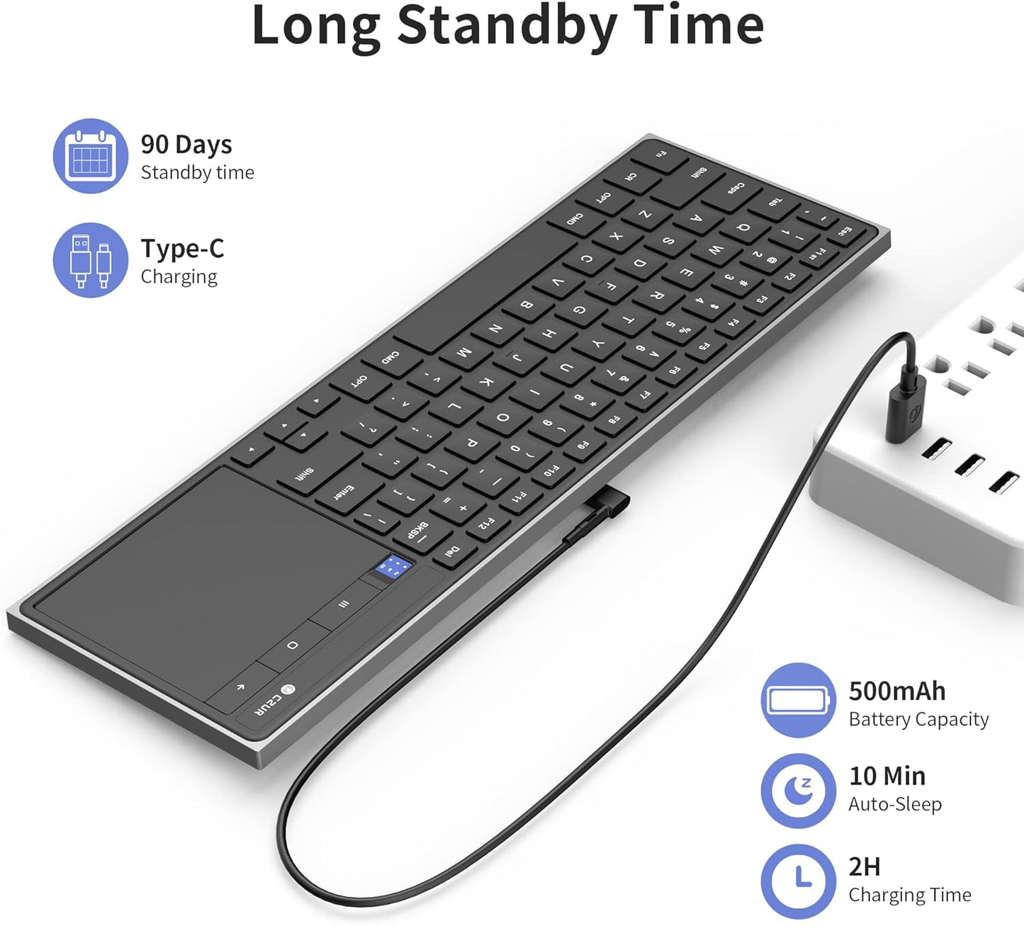 CZUR Teclado Bluetooth recargable con panel táctil, teclado de computadora portátil con trackpad, teclado ultra delgado inalámbrico para PC/portátil/tableta/teléfono/Smart TV