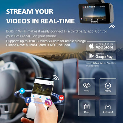 PHILIPS Cámara de salpicadero gran angular, pantalla de 3 pulgadas para automóviles, WiFi integrado, sensor G, visión nocturna, alerta de seguridad, grabación en bucle, control de voz (solo cámara