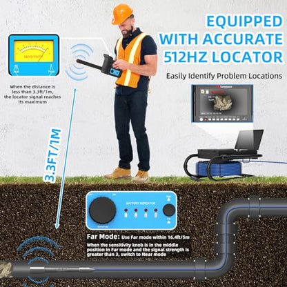 Sanyipace Cámara de alcantarillado con localizador 165FT/50M, cámara de drenaje con transmisor de 512Hz, Cámara de inspección de tubería de plomería con micrófono, contador de distancia, pantalla a