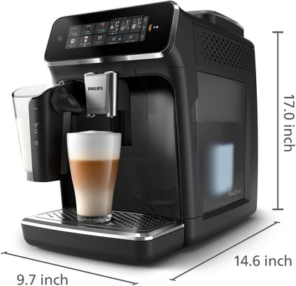 PHILIPS 3300 Series - Máquina espresso totalmente automática - Sistema de leche LatteGo, 5 variedades de café, visualización táctil intuitiva, SilentBrew, molinillo 100% cerámica, filtro AquaClean,