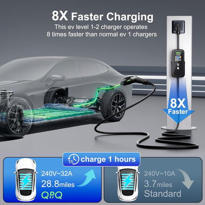 QPQ Cargador EV de nivel 1-2 de 32 amperios portátil de nivel 1 y 2 EV para cargador de coche eléctrico de nivel 2 con estaciones de carga de vehículos eléctricos de enchufe NEMA 14-50 de 25 pies