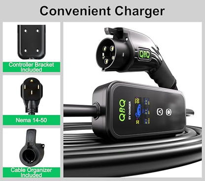 QPQ Cargador EV de nivel 1-2 de 32 amperios portátil de nivel 1 y 2 EV para cargador de coche eléctrico de nivel 2 con estaciones de carga de vehículos eléctricos de enchufe NEMA 14-50 de 25 pies