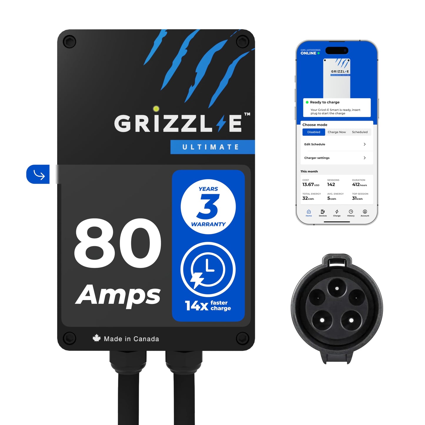 Grizzl-E Ultimate Nivel 2 Cargador de vehículo eléctrico (EV) más rápido de 80Amp / 19,2 kW, probado y certificado por UL, carcasa metálica, cableado GRU-077-W-HW-25DJ80-A-GB