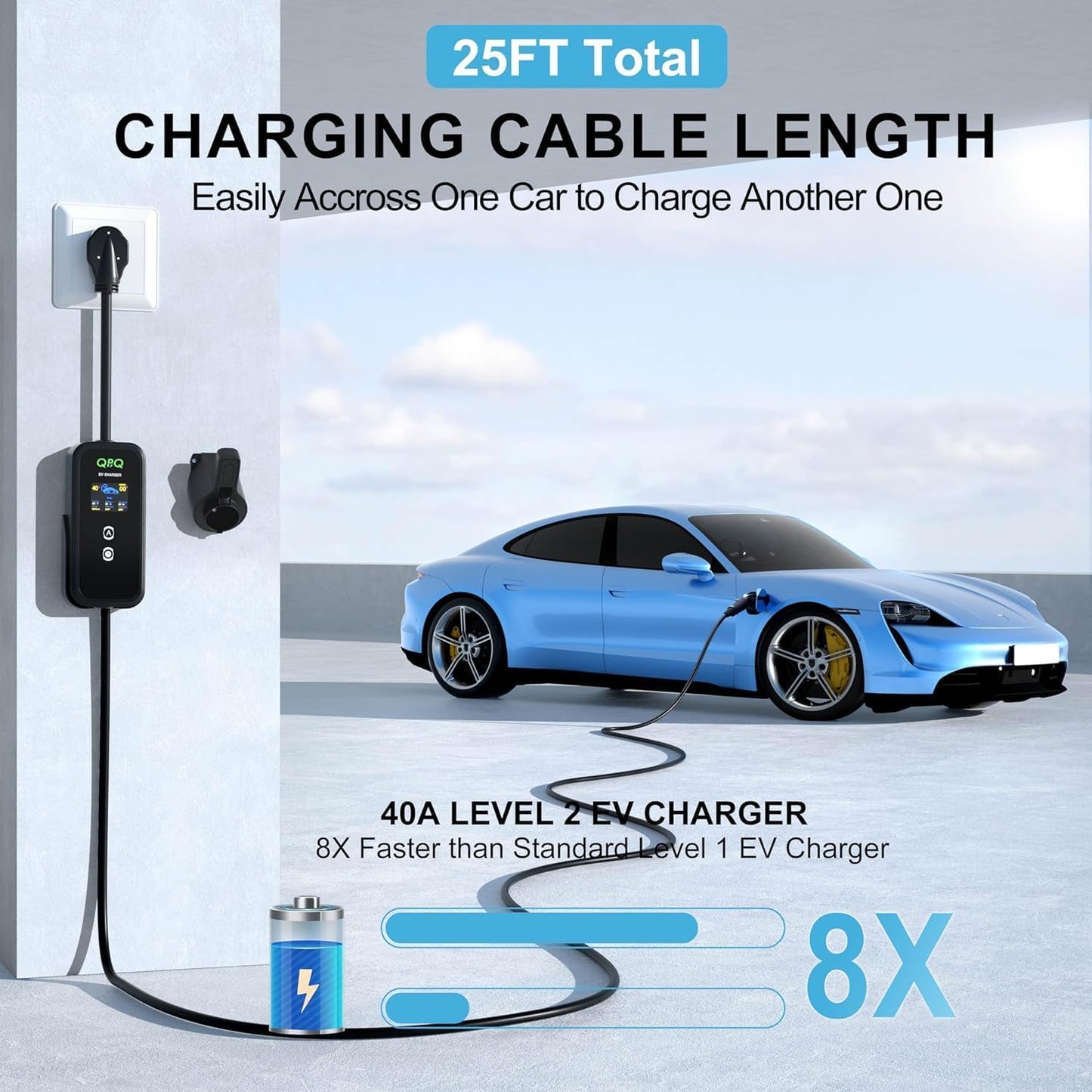 QPQ Cargador EV de nivel 1-2 de 32 amperios portátil de nivel 1 y 2 EV para cargador de coche eléctrico de nivel 2 con estaciones de carga de vehículos eléctricos de enchufe NEMA 14-50 de 25 pies