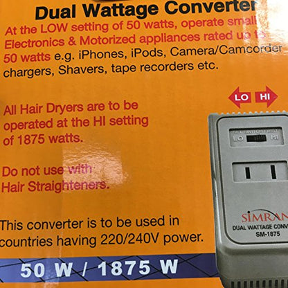 Simran Convertidor de voltaje de viaje internacional de 1875 vatios para productos de 110 V EE. UU. en países de 220 V/240 V. Ideal para secadores de pelo, teléfono, iPod, cargadores de cámara y