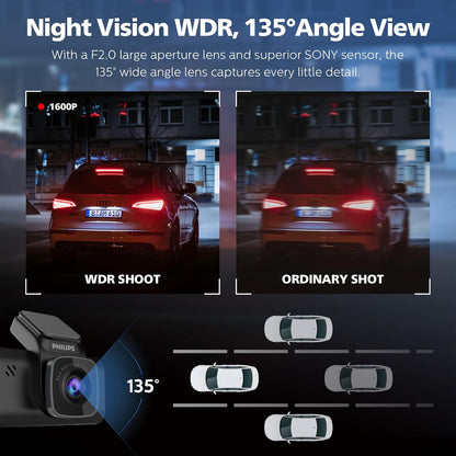 PHILIPS Cámara de salpicadero gran angular, pantalla de 3 pulgadas para automóviles, WiFi integrado, sensor G, visión nocturna, alerta de seguridad, grabación en bucle, control de voz (solo cámara
