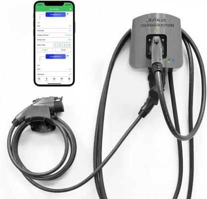 Revitalize Charging Solutions Doble puerto, nivel 2, cargador inteligente para vehículos eléctricos, 50 amperios, WiFi/Bluetooth, certificación UL, integración de aplicaciones móviles (cable de carga de 18 pies) REVPLUS1