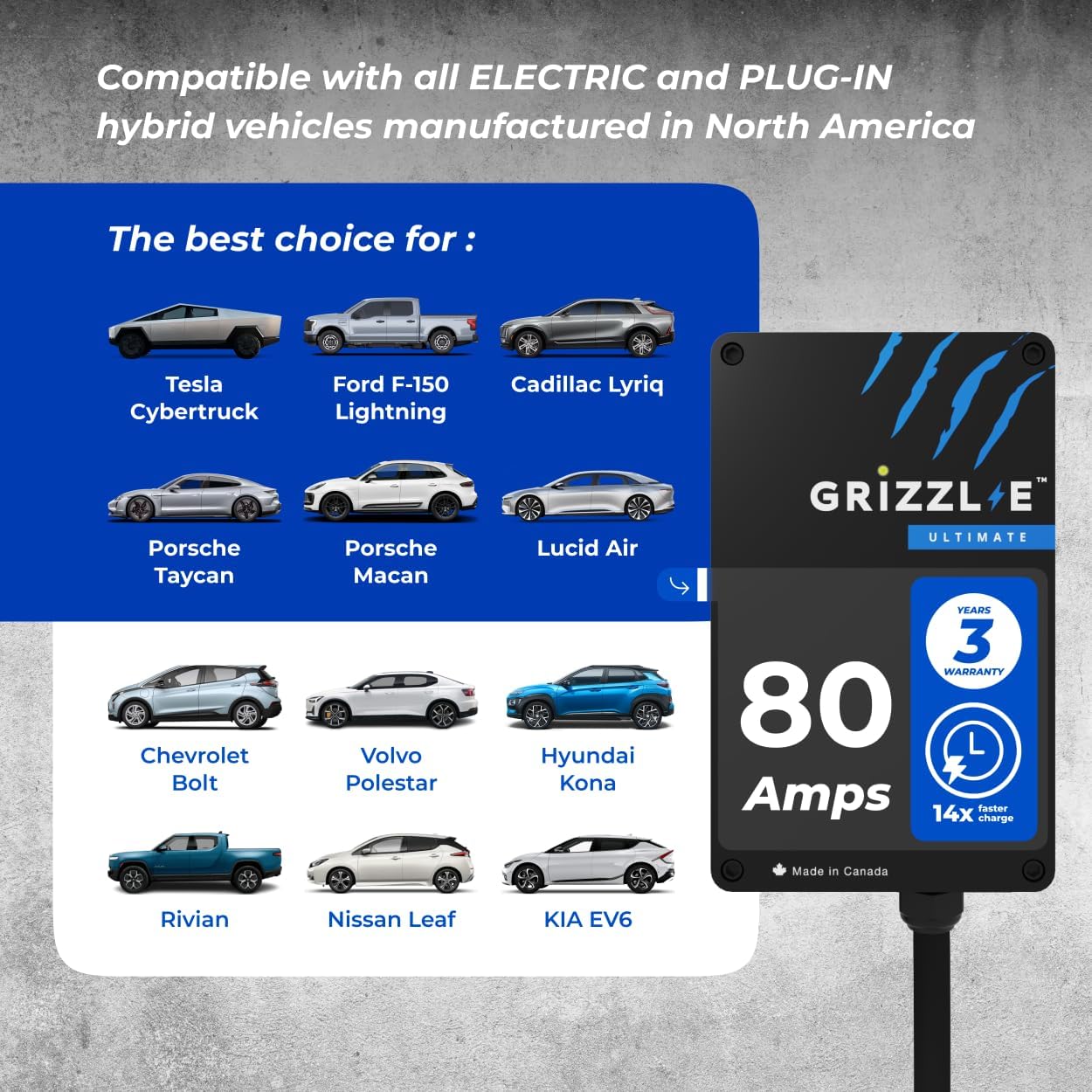 Grizzl-E Ultimate Nivel 2 Cargador de vehículo eléctrico (EV) más rápido de 80Amp / 19,2 kW, probado y certificado por UL, carcasa metálica, cableado GRU-077-W-HW-25DJ80-A-GB