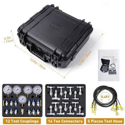 Kit de prueba de presión hidráulica, 600 bar, 10000 psi / 60 MPa, 5 calibres, 13 acoplamientos de prueba, 14 conectores en T, 5 mangueras de prueba, kit de medidor de prueba hidráulico para maquinaria