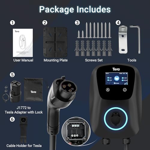 Tera Electric Vehicle Charger Hardwired: for Tesla J1772 EVs ETL Level 2 48 40 Amp 240V Home Charging Station with Manual Setting Amps Schedule on Unit NEMA 14-50 25 FT Cable W01. EV-W01-H-BK