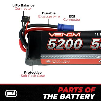 Venom Drive Series 50C 3S - Batería LiPo RC de 5200 mAh 11.1 V, polímero de litio de 3 celdas, conector de silicona suave y compatible con 2WD, 4WD, camión y Buggies