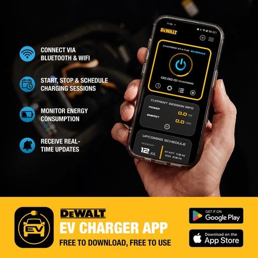 DEWALT Cargador EV de nivel 2 para vehículo eléctrico de hasta 48 amperios y 240 V, control de aplicación Bluetooth y Wi-Fi, estación de carga cableada para interiores y exteriores - DXPAEV048