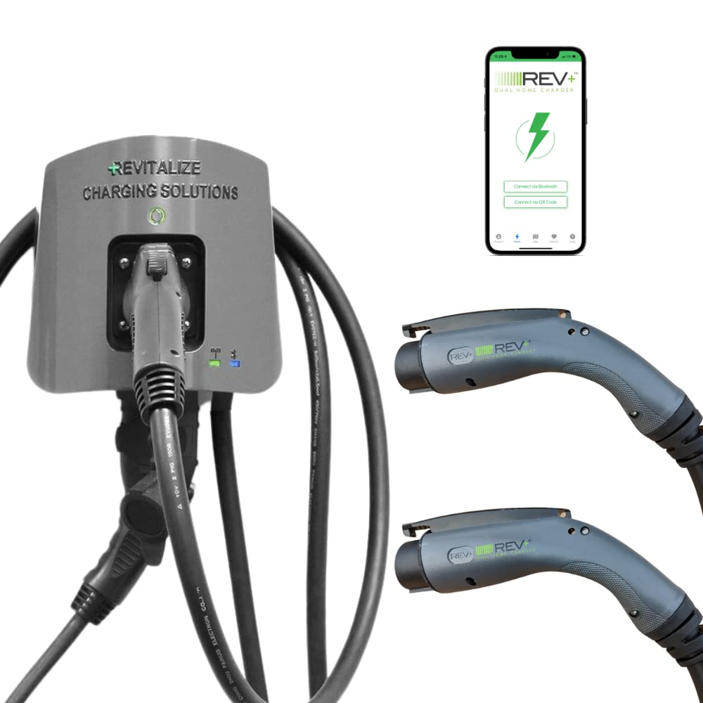 Revitalize Charging Solutions Doble puerto, nivel 2, cargador inteligente para vehículos eléctricos, 50 amperios, WiFi/Bluetooth, certificación UL, integración de aplicaciones móviles (cable de carga de 18 pies) REVPLUS1