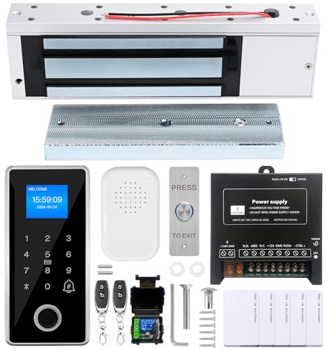 Kit de sistema de control de acceso de puerta de huellas dactilares impermeable, incluye una cerradura magnética de 1200 libras, teclado RFID, controles remotos, botón de salida, teclado de entrada y