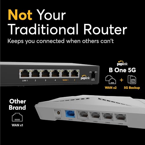 Peplink B One 5G - Router WiFi celular Gigabit Dual WAN para Internet inalámbrico - Rendimiento de 1 Gbps, Wi-Fi 6, doble banda, 4 puertos LAN, soporta 150 usuarios, configuración de la aplicación