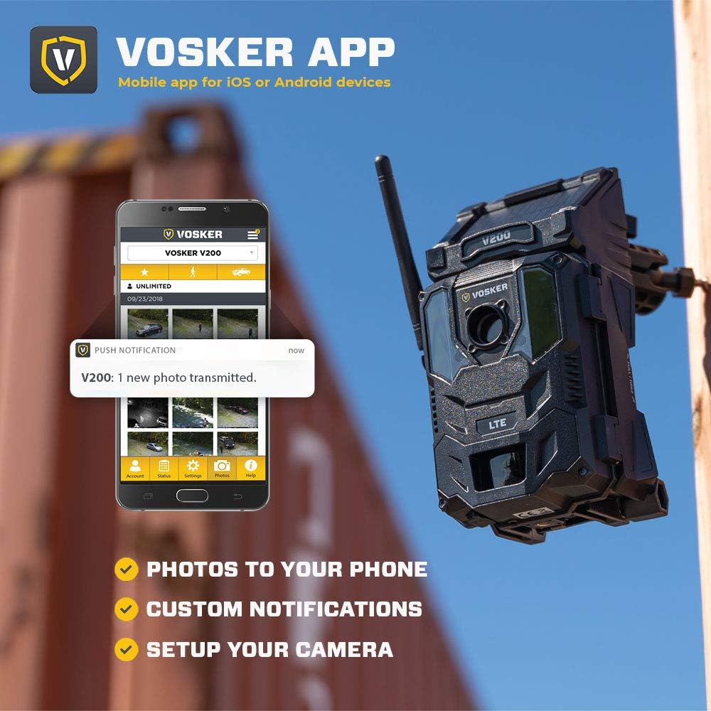 Vosker - Cámara de seguridad inalámbrica V200 LTE para exteriores, panel solar integrado, resistente a la intemperie, no requiere Wi-Fi, cámara de vigilancia HD activada por movimiento, notificaciones de pulsación de teléfono celular