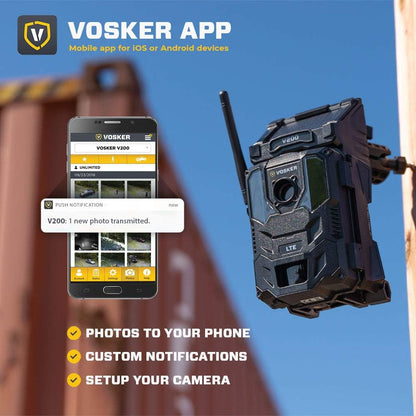 Vosker - Cámara de seguridad inalámbrica V200 LTE para exteriores, panel solar integrado, resistente a la intemperie, no requiere Wi-Fi, cámara de vigilancia HD activada por movimiento, notificaciones de pulsación de teléfono celular