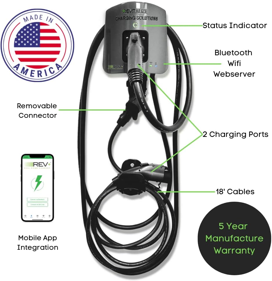 Revitalize Charging Solutions Doble puerto, nivel 2, cargador inteligente para vehículos eléctricos, 50 amperios, WiFi/Bluetooth, certificación UL, integración de aplicaciones móviles (cable de carga de 18 pies) REVPLUS1