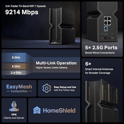 TP-Link Tri-Band BE9300 WiFi 7 Router Archer BE550 | 6-Stream 9.2Gbps | Puertos de alta velocidad | USB 3.0 | 6 antenas internas inteligentes | Clientes VPN y servidor | Malla fácil, HomeShield, red