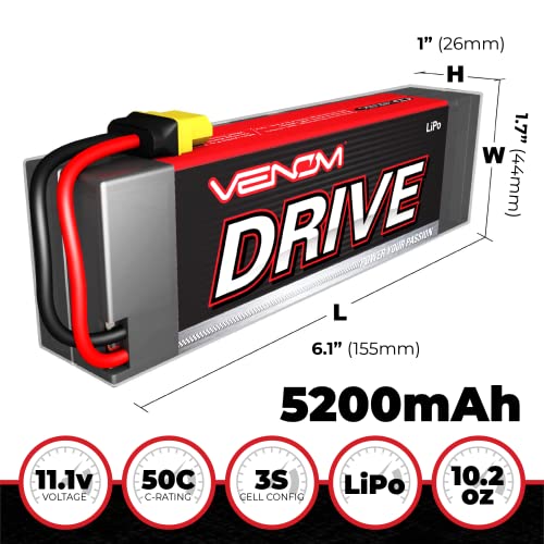 Venom Drive Series 50C 3S - Batería LiPo RC de 5200 mAh 11.1 V, polímero de litio de 3 celdas, conector de silicona suave y compatible con 2WD, 4WD, camión y Buggies