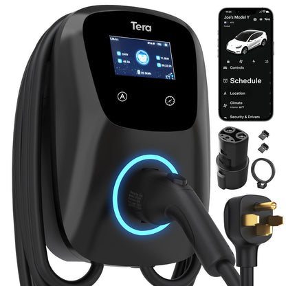 Tera para Tesla Cargador de Vehículo Eléctrico (EV): Nivel 2 J1772 2024 ETL Energy Star 48A Totalmente actualizado con amplificadores de Ajuste Manual y programación en la Unidad 240 V, Negro