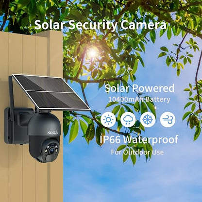 Xega Cámara de seguridad celular 3G 4G LTE Cámara solar al aire libre Inalámbrica 2K HD Color Visión nocturna PTZ 360° Vista inteligente PIR Detección de movimiento No WiFi Tarjeta SIM incluida IP66 Verizon AT&T T-Mobile Soporta