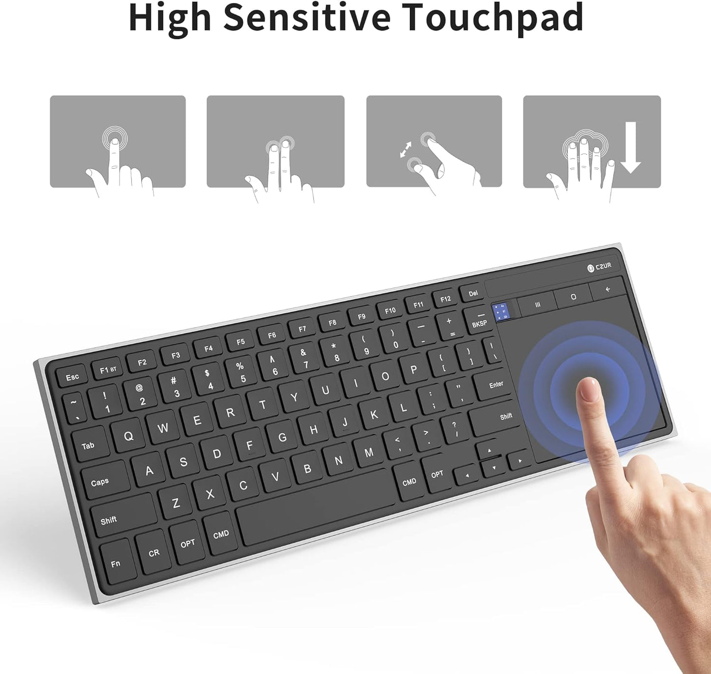 CZUR Teclado Bluetooth recargable con panel táctil, teclado de computadora portátil con trackpad, teclado ultra delgado inalámbrico para PC/portátil/tableta/teléfono/Smart TV