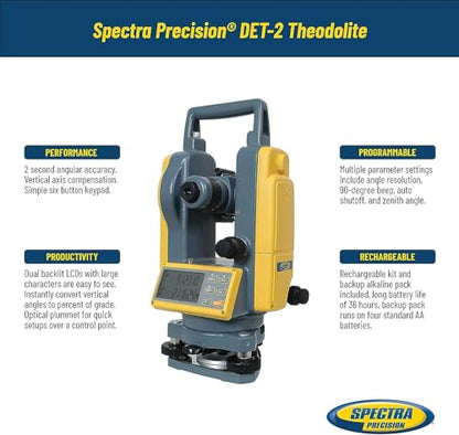 Spectra Precision DET-2 Teodolito electrónico digital, conjunto de equipos de topografía de construcción, baterías recargables y alcalinas, estuche de transporte