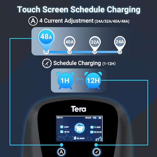 Tera para Tesla Cargador de Vehículo Eléctrico (EV): Nivel 2 J1772 2024 ETL Energy Star 48A Totalmente actualizado con amplificadores de Ajuste Manual y programación en la Unidad 240 V, Negro